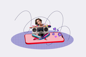 Composite zine pop trend collage of happy girl guy stand phone device screen thumb up like reaction...