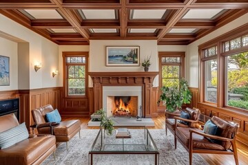 Classic craftsman living room with coffered ceiling, fireplace, built-in seating, leather chairs, and natural light accents