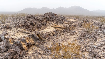 Eroded Landscape with Wooden Remnants in Desert Environment