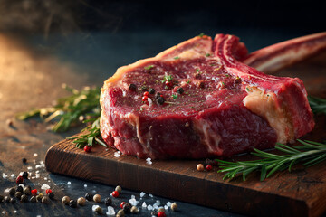A raw tomahawk steak with bone on a wooden board, surrounded by peppercorns and rosemary.