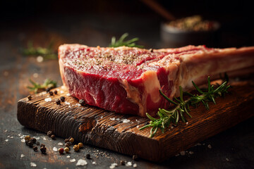 A raw tomahawk steak with bone on a wooden board, surrounded by peppercorns and rosemary.