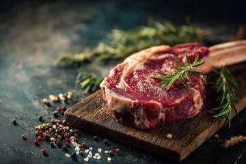 A raw tomahawk steak with bone on a wooden board, surrounded by peppercorns and rosemary.