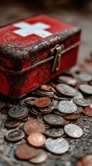 first aid kit spilling coins instead of supplies conceptual blend of health and finance emergency side copy space