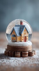 tiny house sitting on pile of coins inside snow globe symbolic shelter during financial storm side copy space