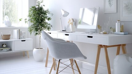 scandinavian workspace, white desk, green plant, modern chair, clean lines, airy and bright design 