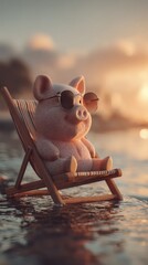 piggy bank wearing reading glasses seated on deck chair abstract visual of smart saving for retirement