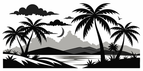 Tropical island night scene silhouette illustration
