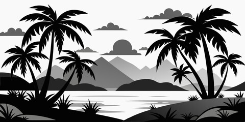 Silhouette tropical beach landscape with palm trees