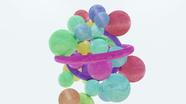 Vibrant 3D animation of colorful rings and spheres interacting dynamically on a bright background. Spheres are attracted to the rings, collide, and move in an engaging seamless loop.