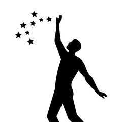 a silhouette of a man reaching for stars, symbolizing aspiration, goals, and achievement in vector art.