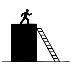 a simple black and white stick figure illustration of a person on top of a block with a ladder design