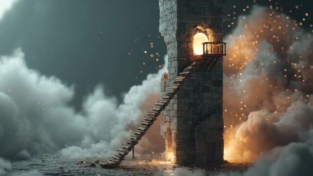 Fantasy Tower with Floating Spiral Stairs
