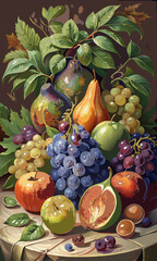 Vibrant autumn fruit still life painting