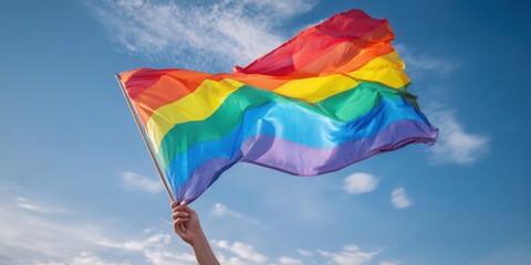 The vibrant rainbow flag waving proudly against a clear blue sky.