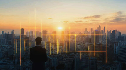 Abstract business man stands on Smart digital Innovation city with connection network reciprocity over the twilight cityscape. of future wireless digital city and social media networking systems