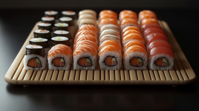 Assorted sushi rolls on a bamboo sushi mat, including maki, nigiri, and temaki, neatly arranged to emphasize the variety and craftsmanship of the dish.