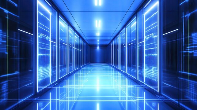 Futuristic Data Center Corridor with Blue Neon Lighting Effects