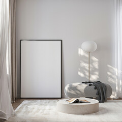 Frame mockup, ISO A paper size. Living room wall poster mockup. Interior mockup with house background. Modern interior design. 3D render
