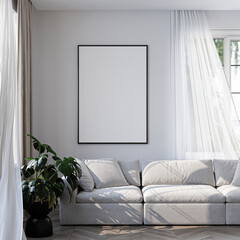 Frame mockup, ISO A paper size. Living room wall poster mockup. Interior mockup with house background. Modern interior design. 3D render
