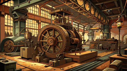 Vintage industrial factory interior with large gear