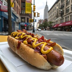 Delicious Hot Dog with Bacon and Mustard on Urban Street Background