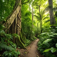 Dense Tropical Rainforest Trail with Lush Greenery and Giant Tree Roots