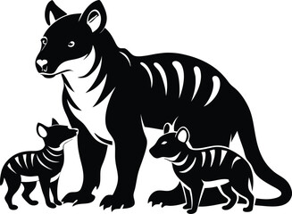 Tasmanian Devil Family Vector Illustration: Mother and Cubs in Black and White Graphic Style