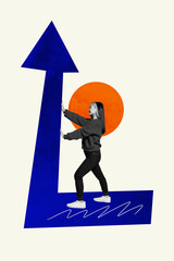 Vertical sketch 3d art collage poster of happy businesswoman stand arrow pointer success aim...