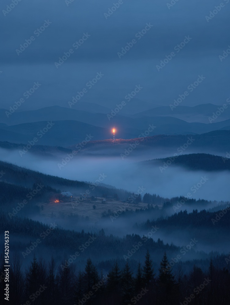 Poster Fog Blankets the Head-Shaped Landscape With a Glowing Beacon Illuminating the Twilight Hours