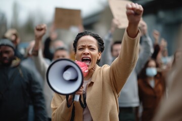 Empowered woman with megaphone leading protest, raising her fist in solidarity. crowd behind her shows support, creating powerful atmosphere of activism and unity