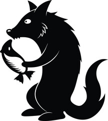 Cartoon Black Wolf Holding Fish Illustration, Vector Graphic, Animal Mascot Design