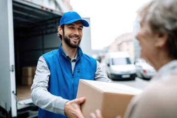 Smiling young delivery person hands package to elderly woman outside delivery truck, showcasing friendly interaction. scene conveys warmth and community spirit