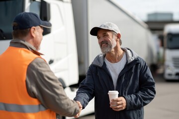 Happy truck driver shaking hands with worker, showcasing friendly interaction in transportation setting. scene conveys teamwork and collaboration in logistics industry
