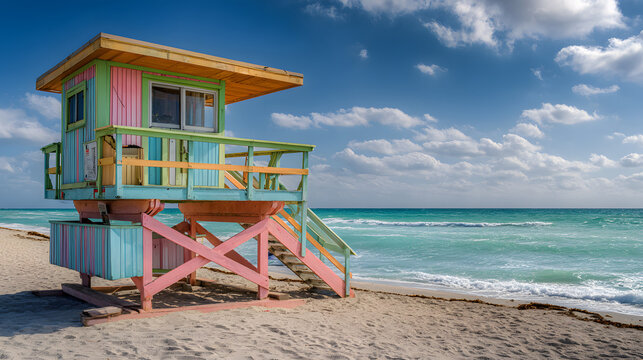 colorful lifeguard hut at miami beach, florida