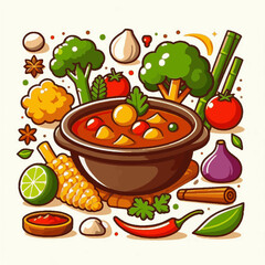 Bowl of soup with vegetables broccoli tomatoes lime corn chili herbs and spices