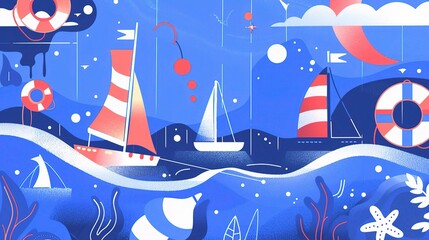 A flat illustration of sailboats on the sea, with marine elements and a red, white, and blue color palette. 
