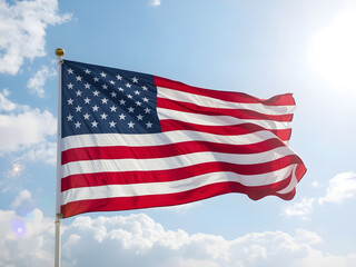 Fototapeta premium Waving American flag with stars and stripes against a blue sky, symbolizing USA patriotism and freedom. Glowing American Flag with Soft Lights