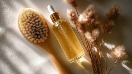Fototapeta premium A bottle of golden body oil with a wooden dry brush and dried flowers, arranged in soft sunlight on a beige surface