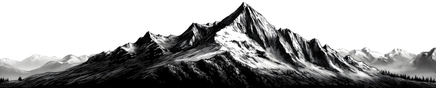 Mountain Range Pen Sketch Illustration &ndash; Continuous Jagged Peaks & Detailed Ridge Lines in Black and White Ink Style for Travel Posters, Book Covers & Banners &ndash; Monochrome Line Art, Ultra HD