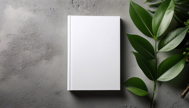 clean minimal book 4x6 mockup on cement with plant and leaf