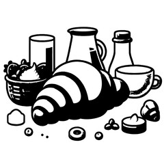 Breakfast scene with croissant berries milk and coffee sketched in black and white