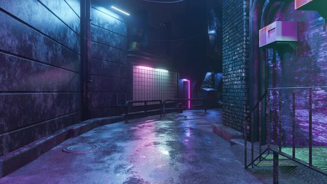 A 4K 21-second flythrough of a dark, foggy cyberpunk alley with wet asphalt, rusty barrels, neon lights, and brick walls. Ideal for sci-fi films, games, or ads.