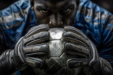Determined soccer goalkeeper wearing gloves holds a ball close to his face with intense focus, showcasing his dedication and passion for the sport