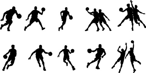 Collection of basketball player silhouettes in action-packed poses—dribbling, jumping, defending, and dunking. Perfect for sports graphics, posters, and motion concepts.