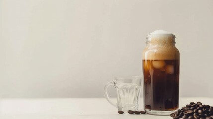 Iced coffee drink in a glass jar with frothy top and coffee beans on a light background