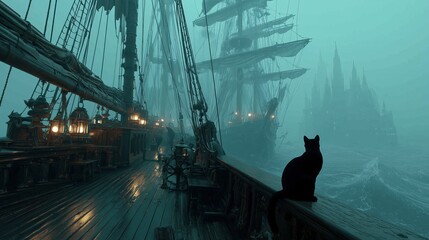 Obraz premium Black cat sitting on pirate ship deck during foggy night sail near haunted coastline ideal for fantasy nautical stories, gothic pirate tales and Talk Like a Pirate Day visuals
