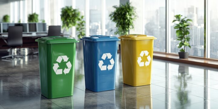 The colorful recycling bins promoting sustainability in a modern office environment.