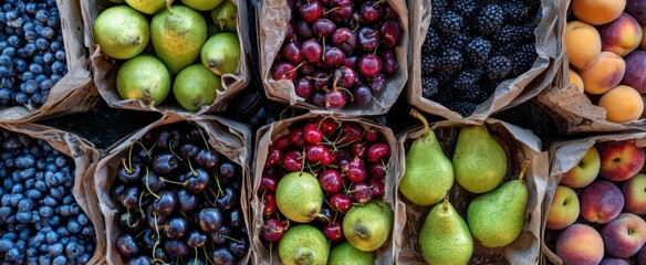 The vibrant display of fresh fruits in artisanal market baskets