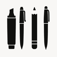 very simple flat and single minimalist Writting Utensils Silhouettes in black on a white background
