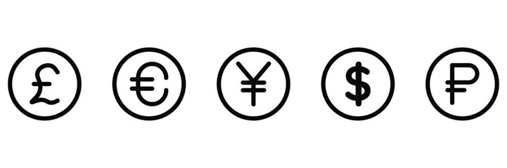 Currency finance money exchange global economy payment symbol banking international cash coin dollar yen euro pound ruble icon illustration.
